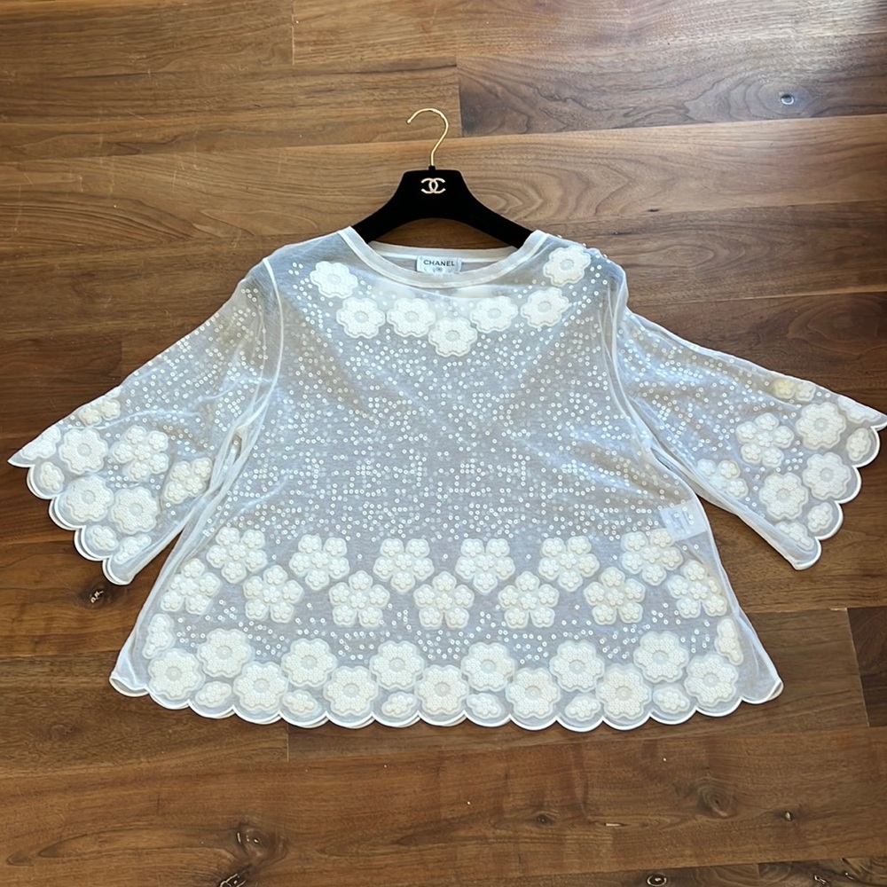 Chanel Camellia Flower Scalloped Blouse Size 44